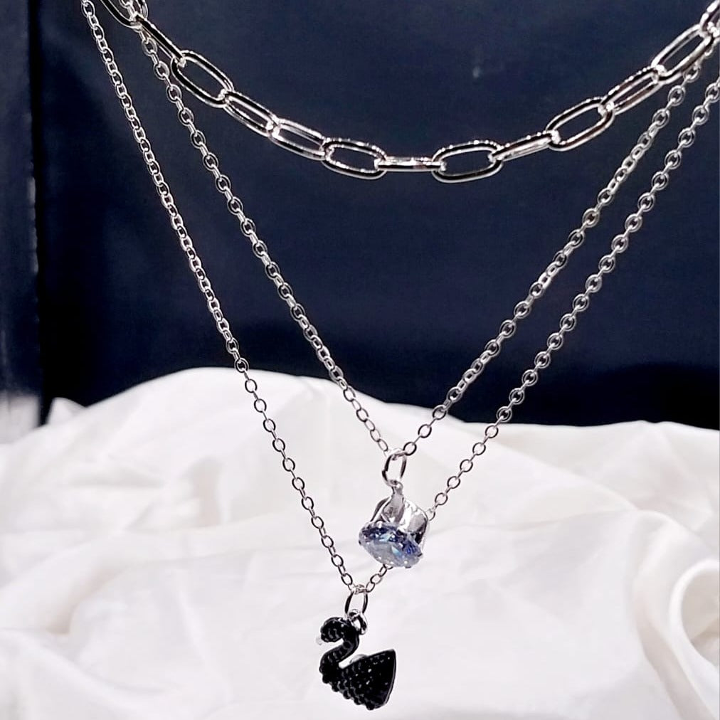 Heart Pendant Necklace Opal Metal Silver Color Multi-layered for Women